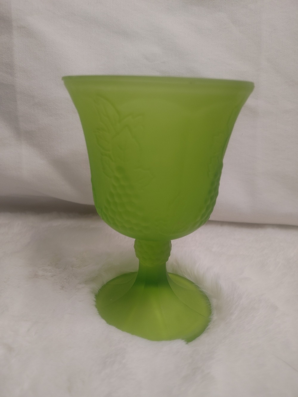 Vintage Indiana Glass Co. lime green frosted goblet in the Colony Harvest Grape